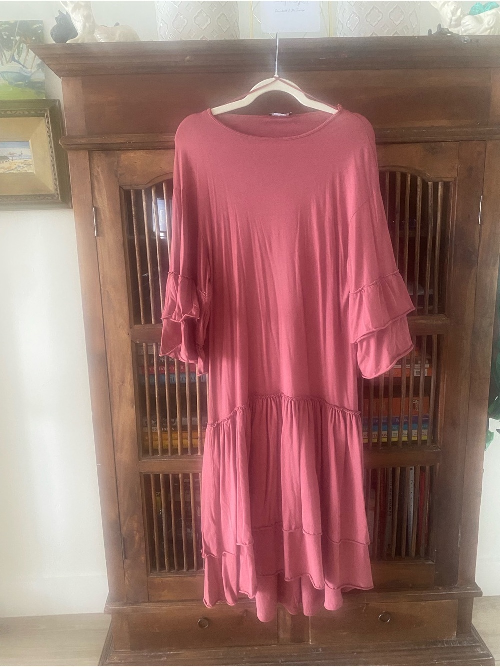Zara Women’s Tiered Ruffle Sleeve Midi/High-Low Dress in Dusty Rose Size Small